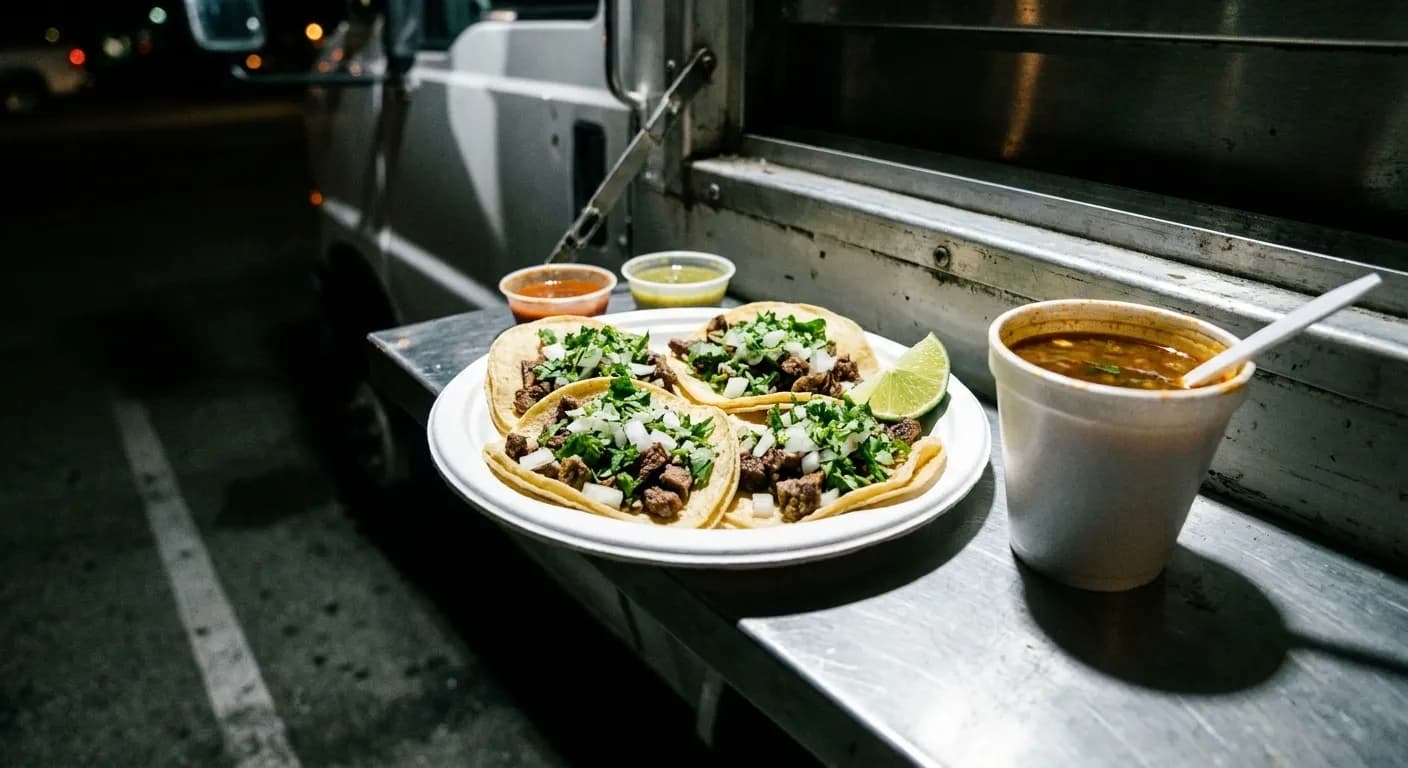 Four street tacos on a doubled paper plate on a truck ledge at night, with chopped onion and cilantro, a lime wedge, two salsa cups and a foam cup of consommé