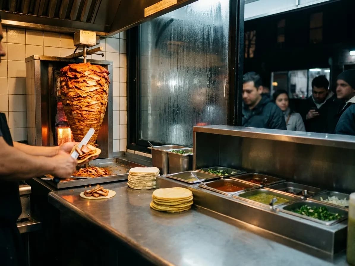 A cook shaving al pastor from a glowing trompo onto a corn tortilla at a small New York taqueria counter at night