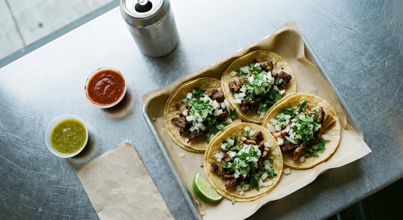 Four street tacos on a paper-lined tray with onion, coriander, lime and two salsa cups on a steel table