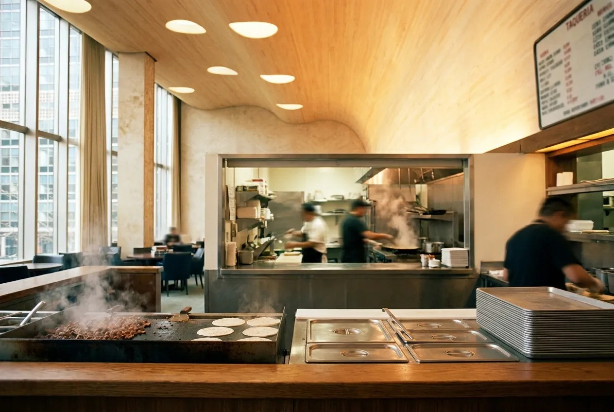 Taqueria counter with griddle and steam table setup