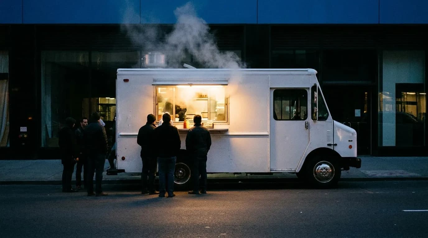 A plain food truck parked on a dark city street with a lit serving window casting warm light onto the pavement