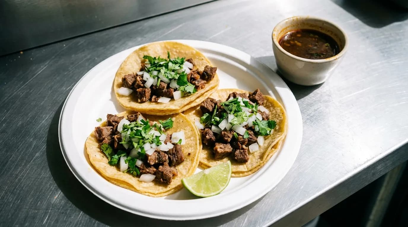 Three small corn tacos on a paper plate with chopped onion, coriander and a lime wedge under bright light