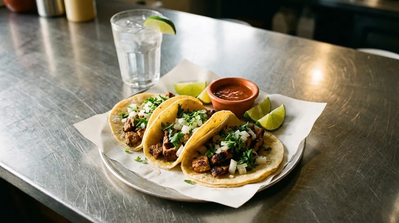Three corn tortilla tacos with grilled meat and onion on a paper-lined metal plate with lime and salsa