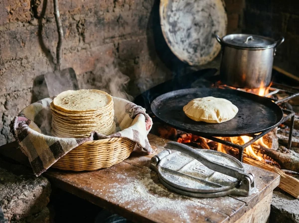 Fresh corn tortillas stacked in a cloth-lined basket beside a hot griddle