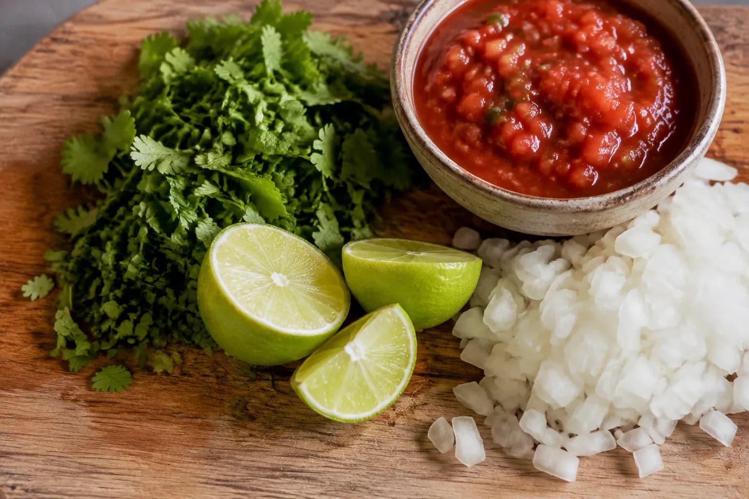 Fresh taco ingredients including cilantro, lime, onion, and salsa arranged on a wooden cutting board