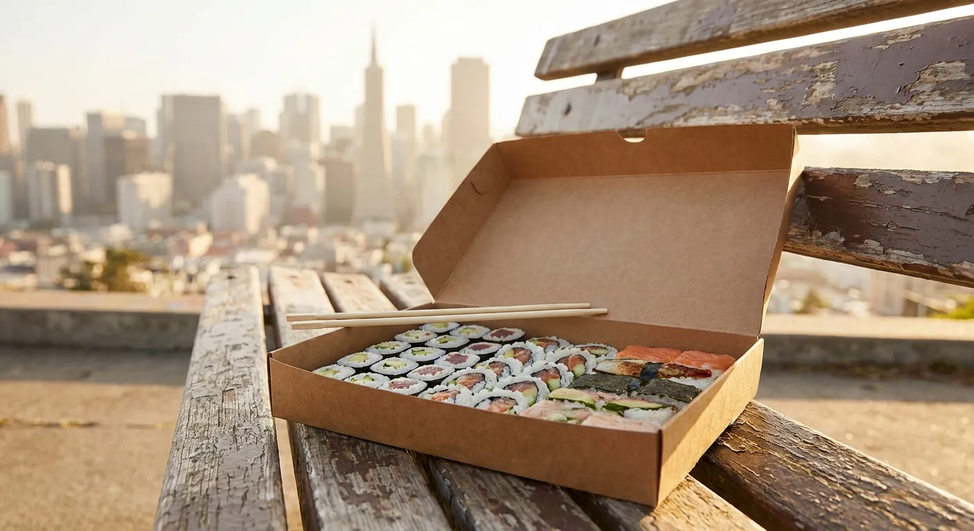 An open takeout box of sushi rolls on a park bench with the San Francisco skyline soft in the background