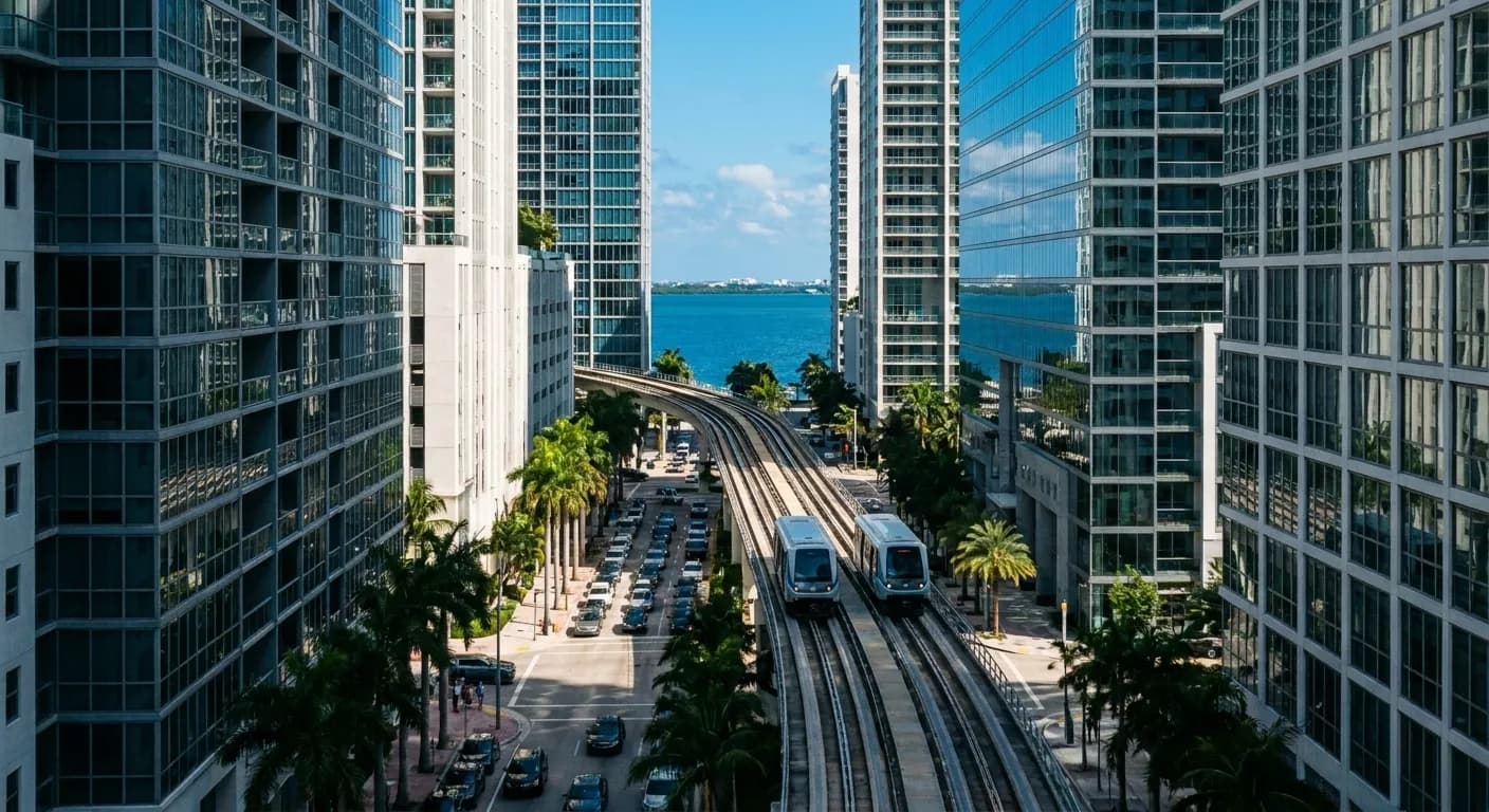 A slim elevated guideway curving between glass towers in downtown Miami with a small two-car automated train on it and traffic far below