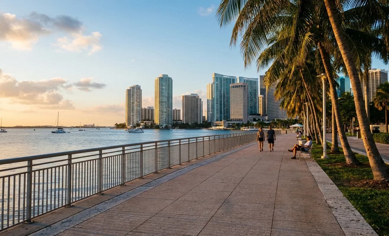 A wide Miami bayfront promenade in the late afternoon, palms leaning over the path and downtown towers catching low gold light across flat blue water