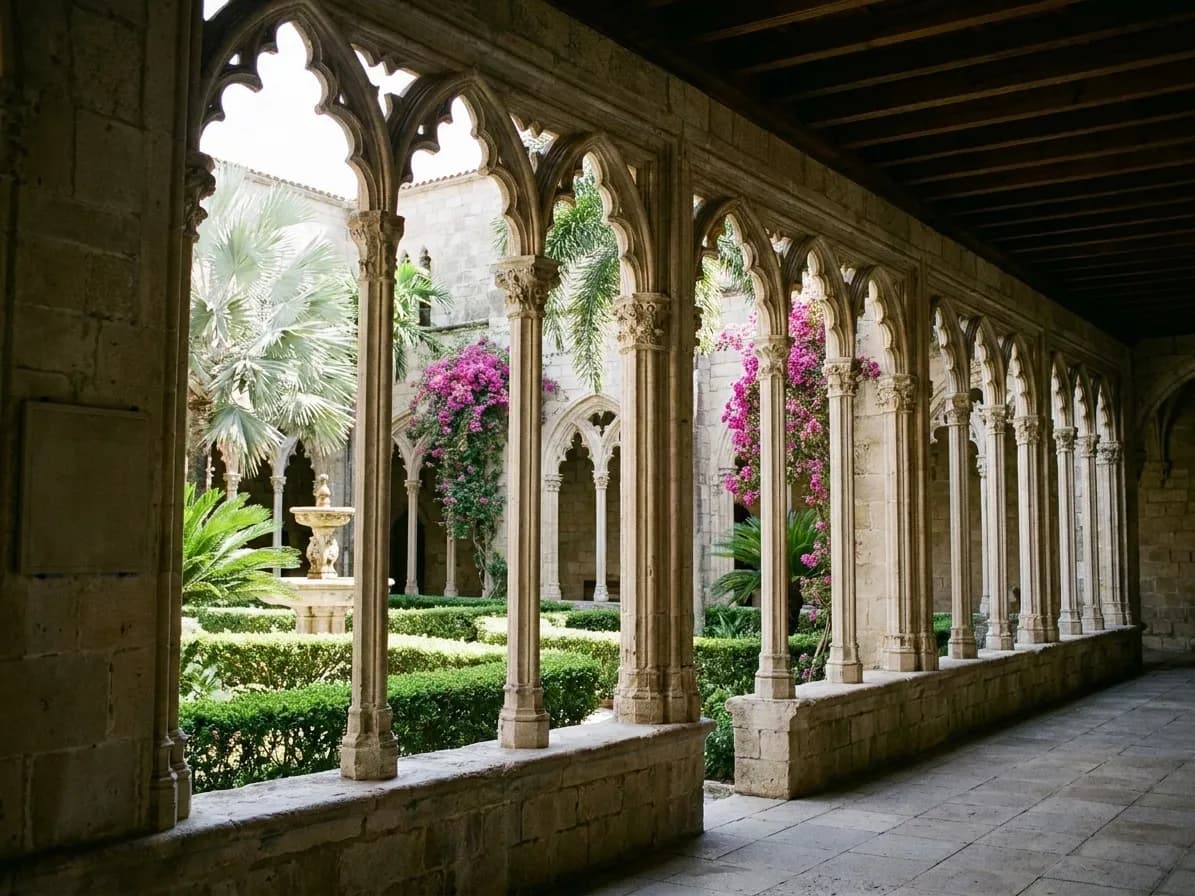 A medieval stone cloister arcade reassembled in Florida, arches receding into shade with palms in the courtyard beyond