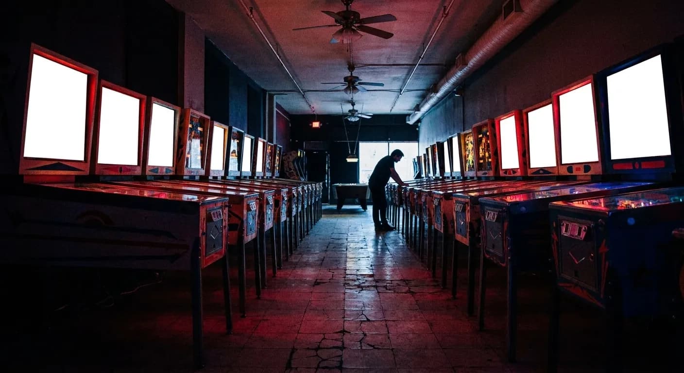 Two rows of vintage pinball machines glowing in a dark room, colored light pooling on a worn tile floor