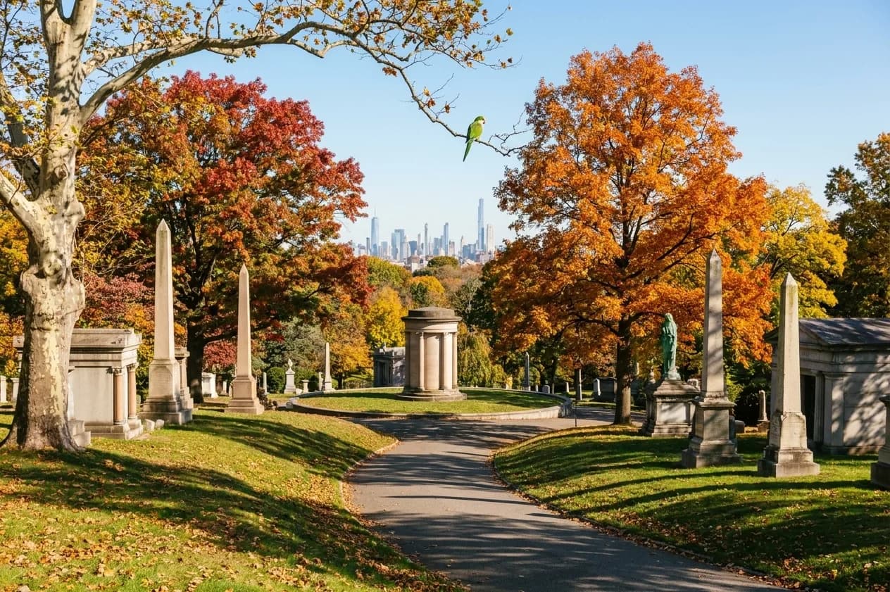A rolling Brooklyn cemetery on an autumn morning with weathered obelisks, old maples and the skyline beyond