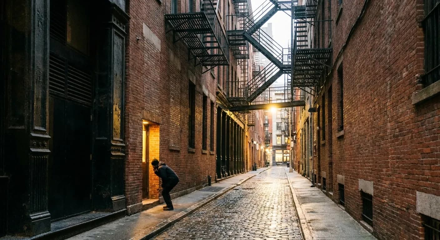 A narrow Lower Manhattan alley in the early evening with fire escapes overhead and one small illuminated doorway on the left, a person crouched looking into it