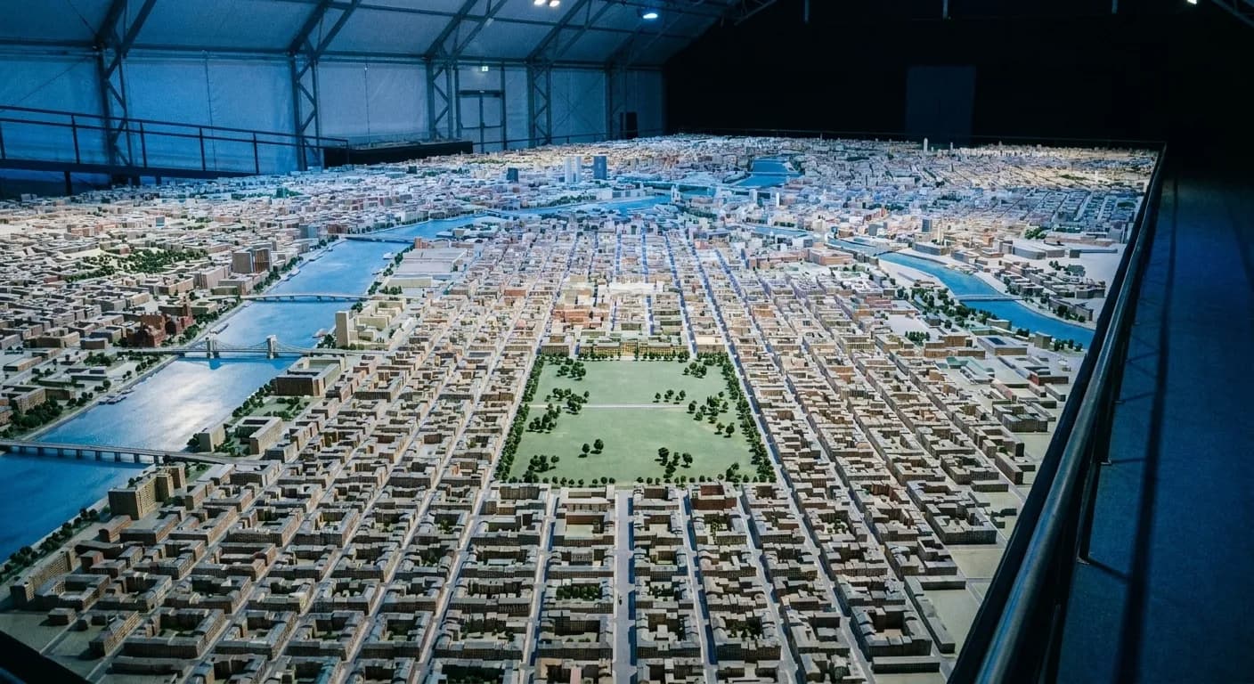 A vast architectural scale model of a whole city seen from above, thousands of tiny buildings in grid blocks with miniature bridges over a painted river