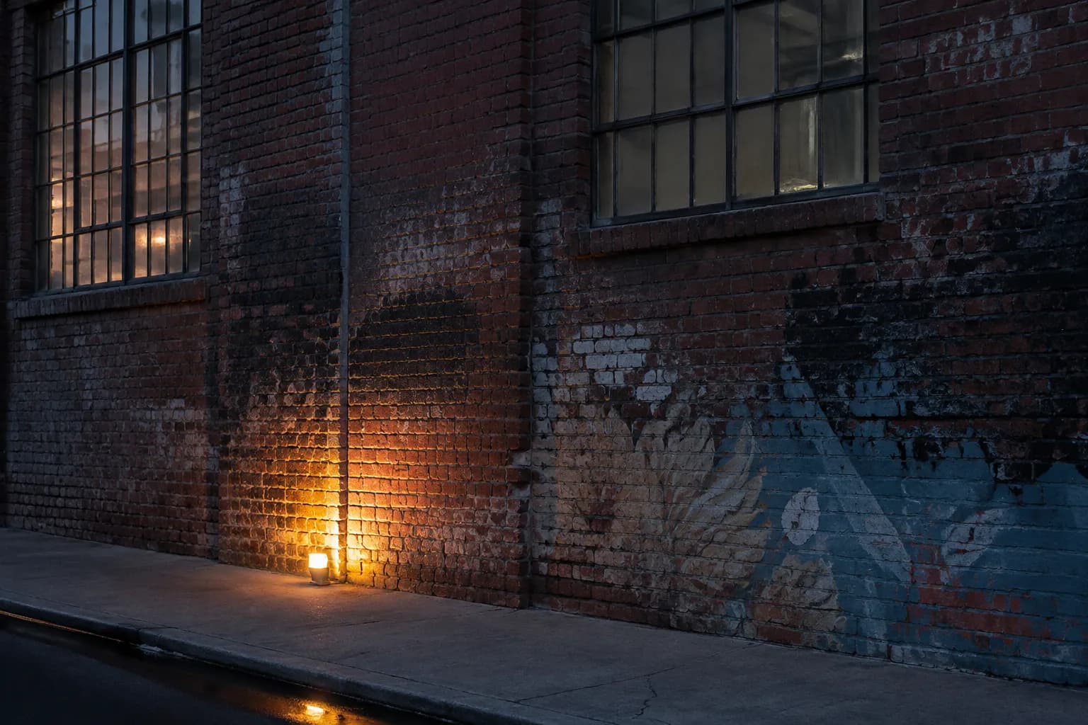 Brick wall and mural detail in Los Angeles Arts District at dusk