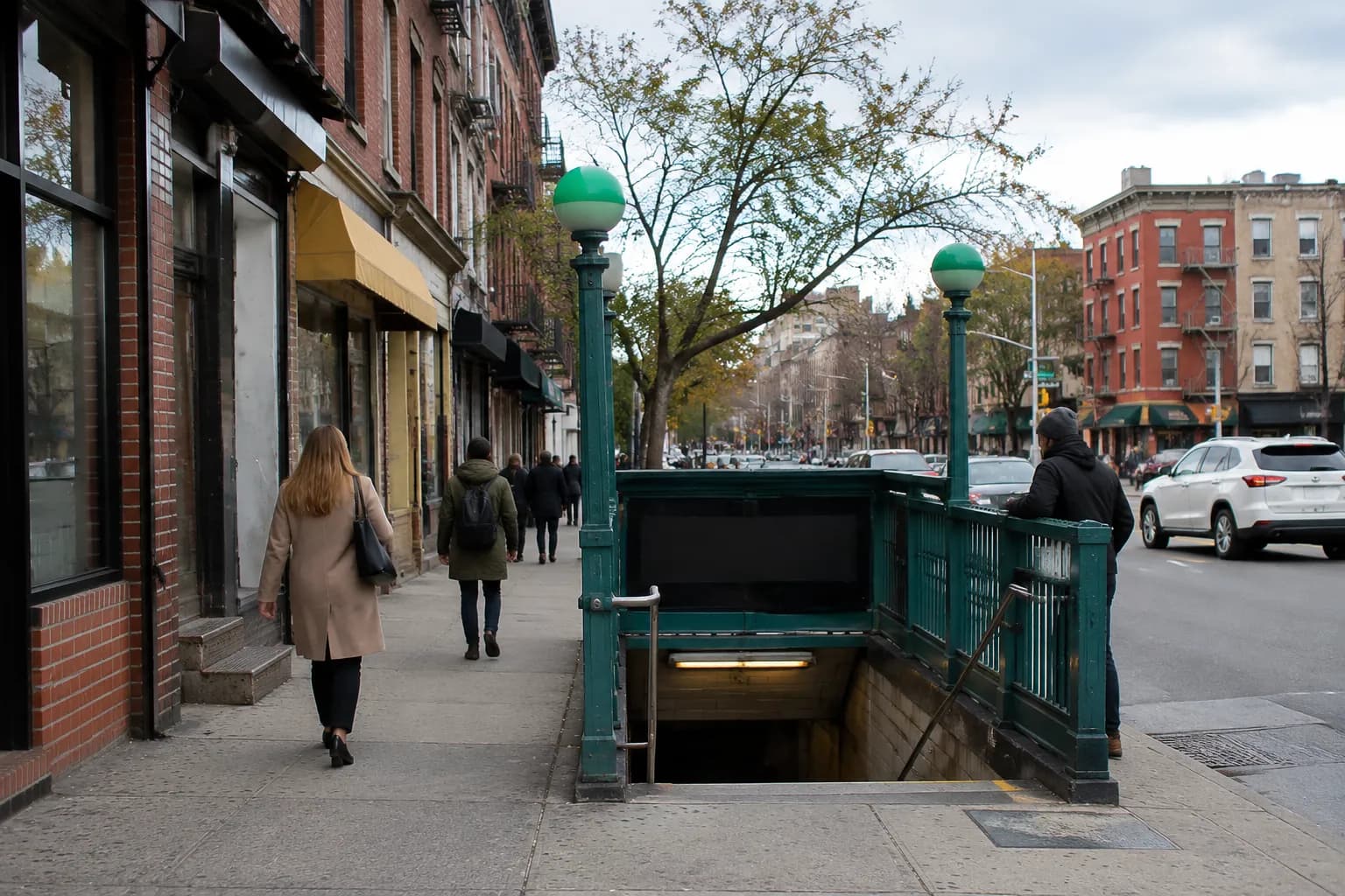 Greenpoint Avenue G train subway entrance in Brooklyn on a weekend morning