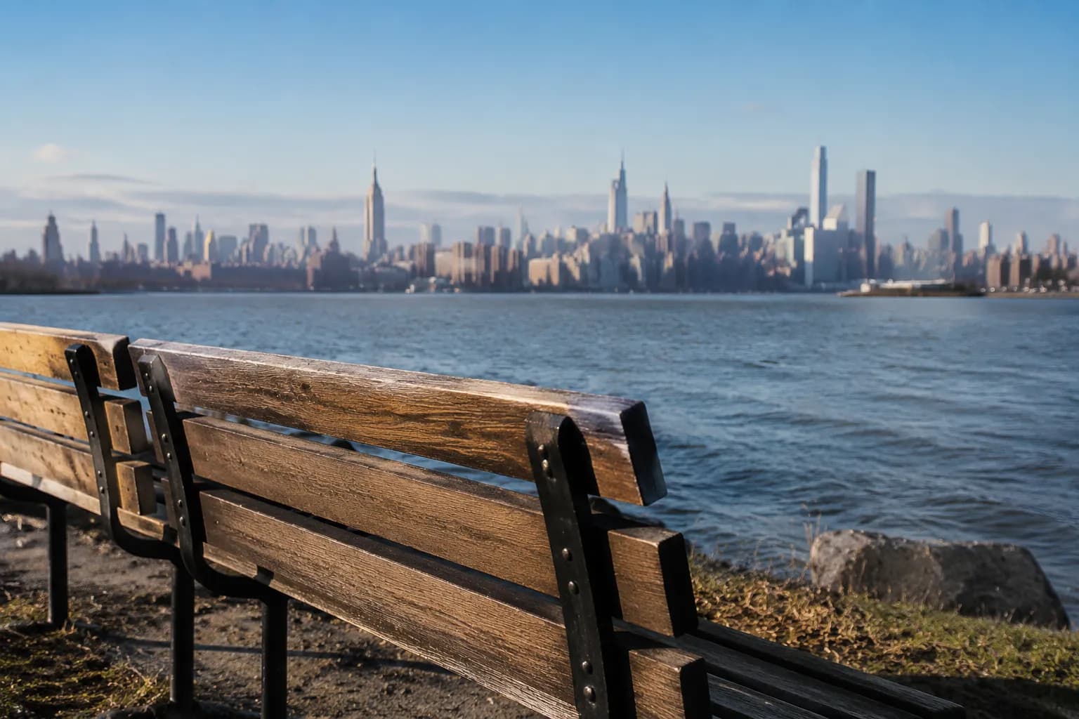 Benches facing the East River at Transmitter Park in Greenpoint, Brooklyn
