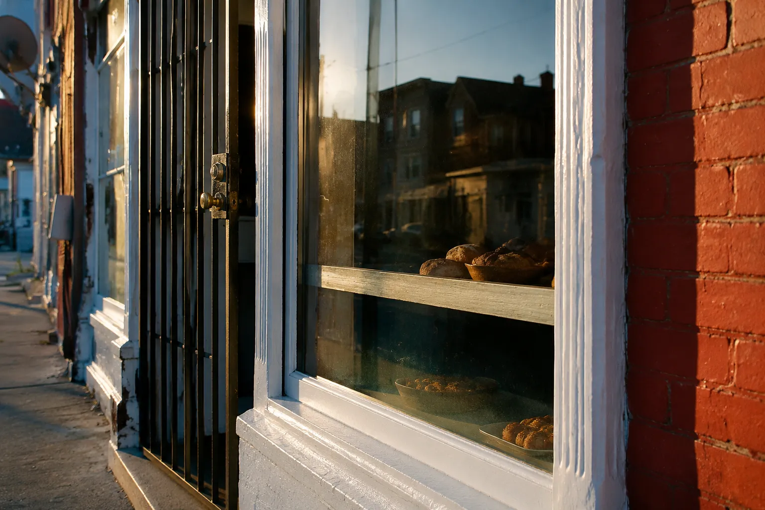 Bakery storefront on Nassau Avenue in Greenpoint, Brooklyn, early morning