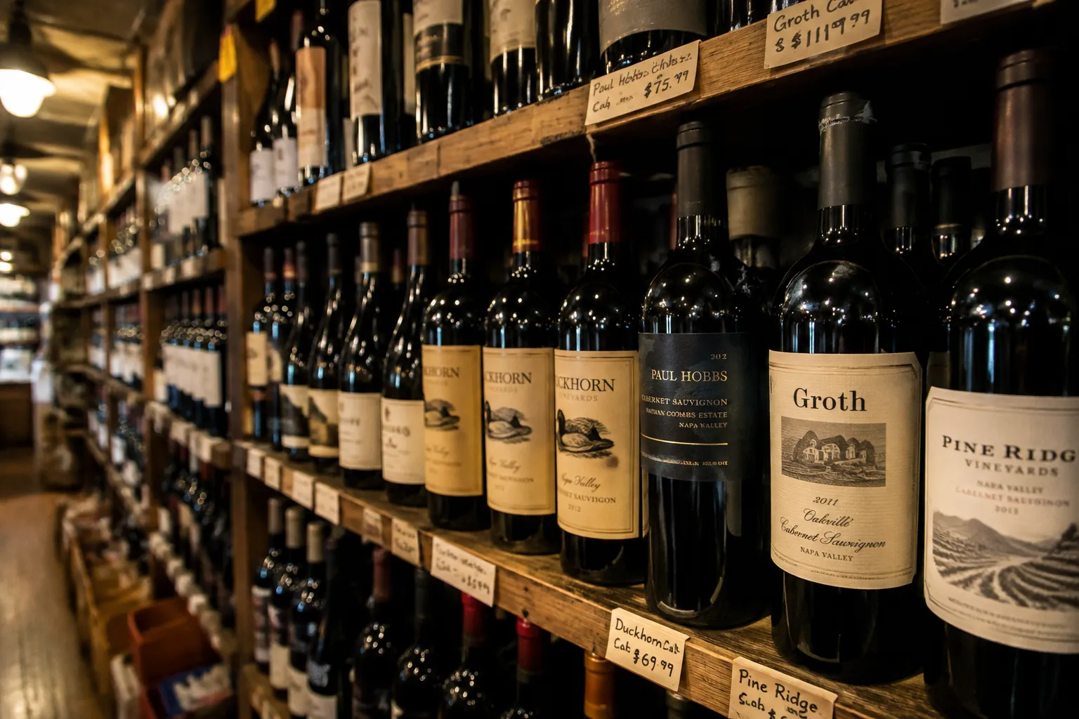 Wine bottles on wooden shelves in a San Francisco neighborhood wine shop