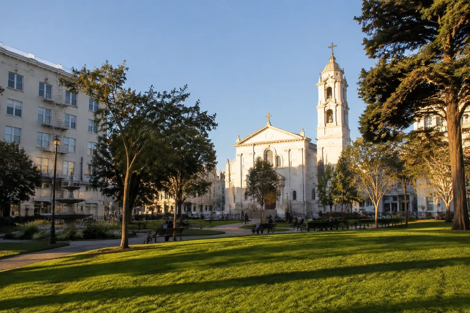 Washington Square Park in North Beach with Saints Peter and Paul Church in the background