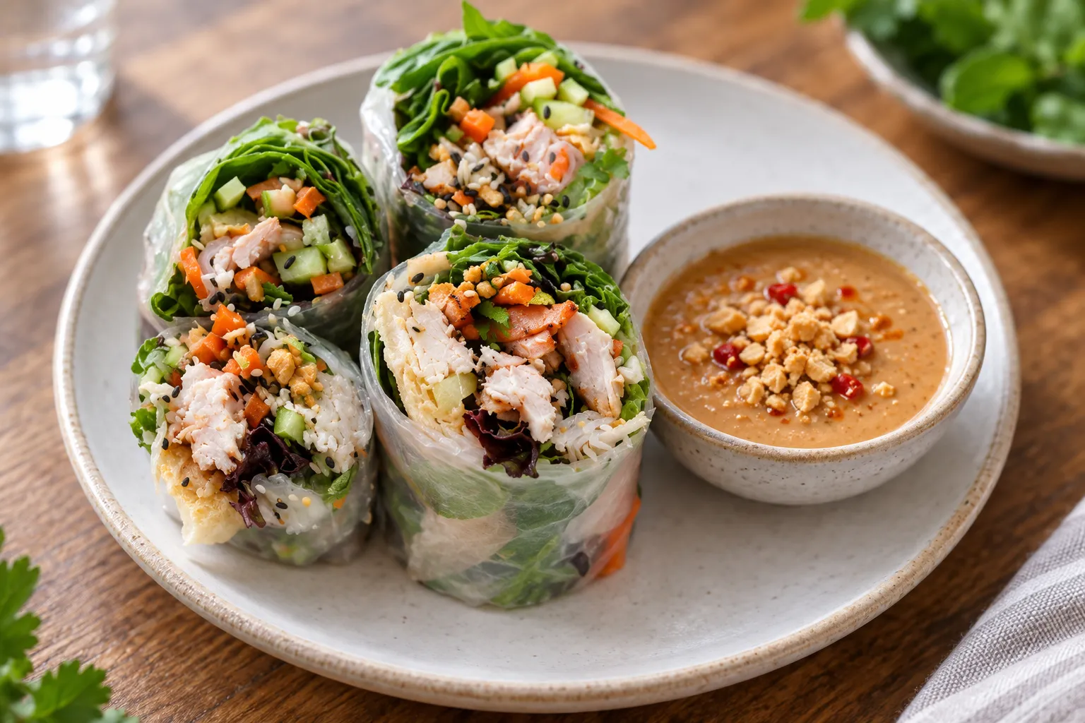 Rice paper rolls cut into sections and stood upright, translucent wrappers showing herbs, grilled pork and a crisp sheet, with dipping sauce