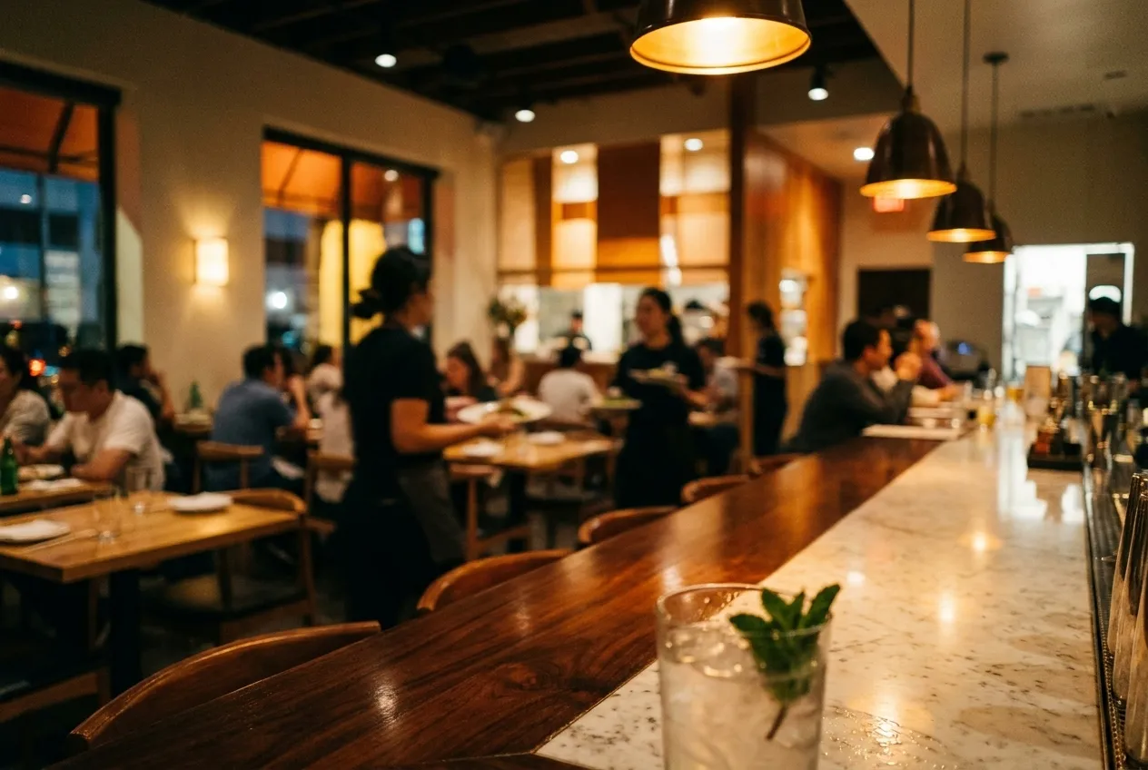 Interior counter view at a modern Asian-fusion restaurant during evening service with warm lighting and active dining room.