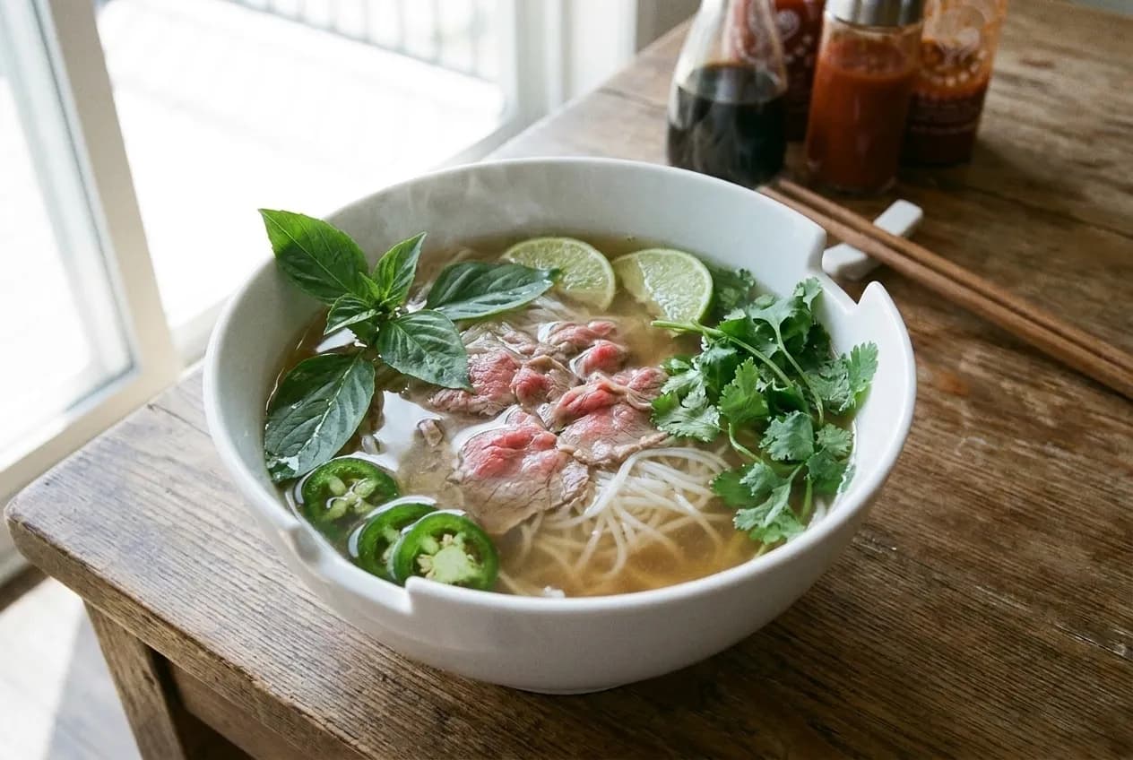 Overhead view of a steaming bowl of Vietnamese pho with fresh herbs and beef in clear broth on a wooden table.