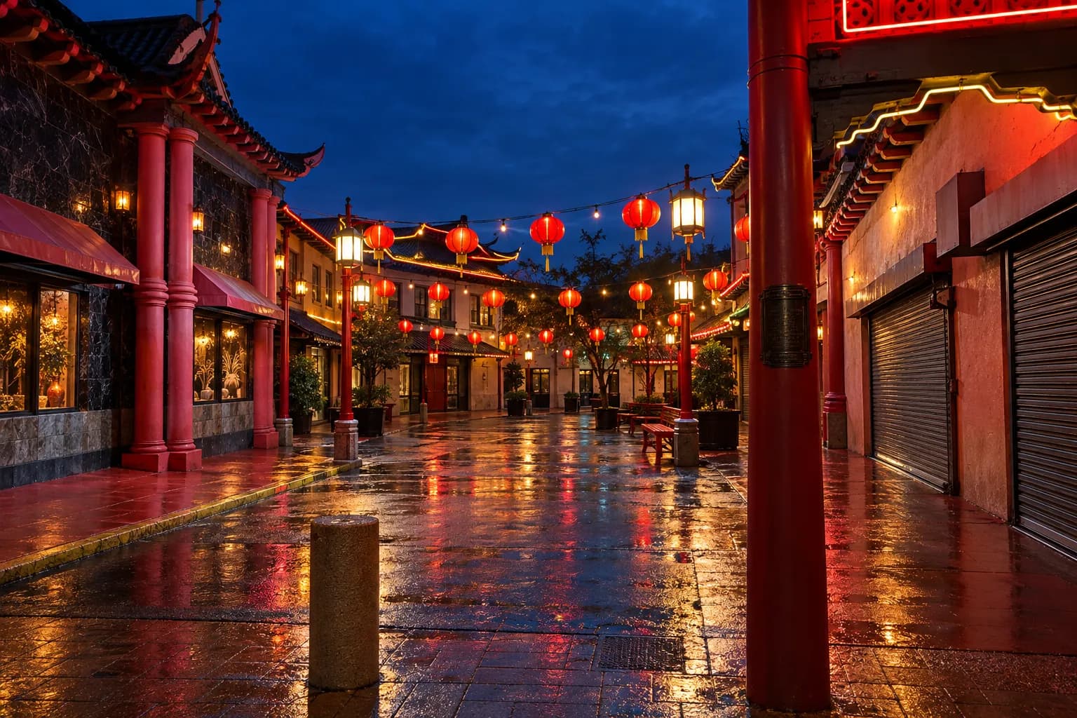A small enclosed plaza at dusk with pagoda-roofed buildings on three sides, red lanterns overhead just lit and neon beginning to glow