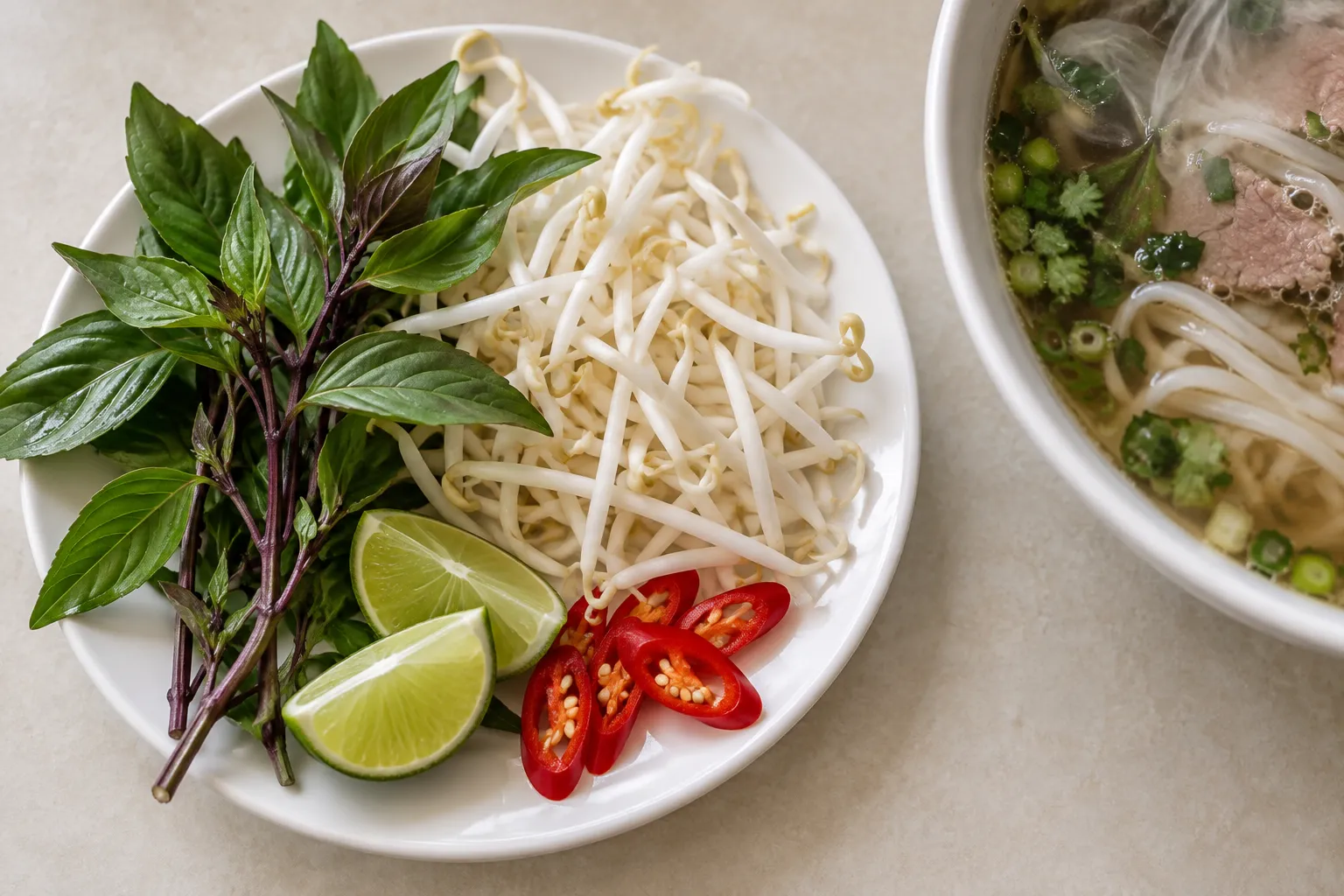 A white side plate heaped with bean sprouts, purple-stemmed basil sprigs, lime wedges and sliced red chilli beside a steaming noodle bowl