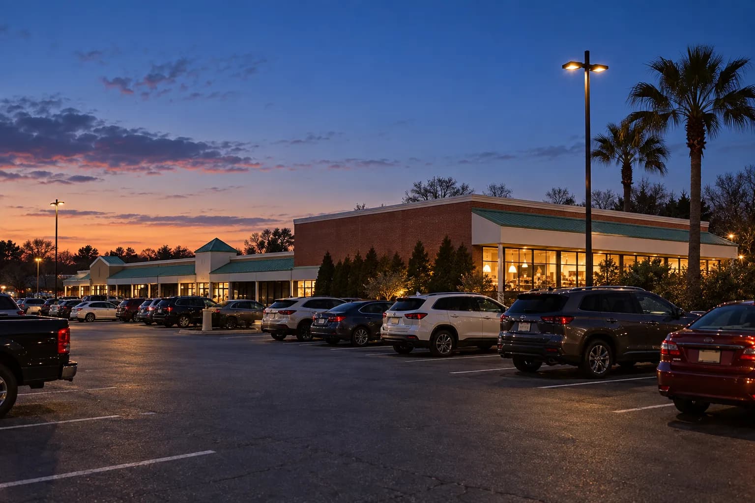 A half-full car park at dusk facing a row of small shopfront units, one lit warm and the rest dim, with palms against a fading sky