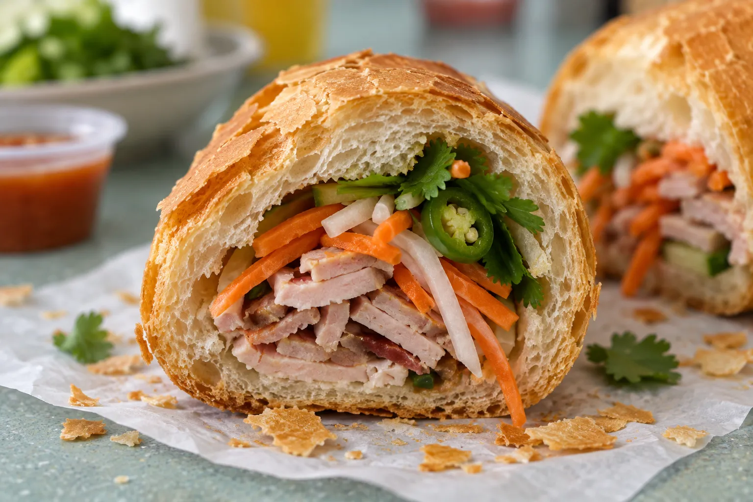 A short light baguette cut across and standing cut-face to camera, thin flaking crust, filled with cold cuts, pickled carrot, daikon and herbs
