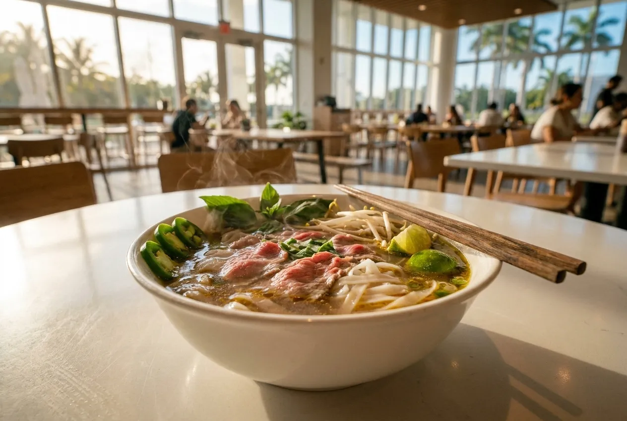 A bowl of Vietnamese beef pho with fresh herbs, bean sprouts and lime wedges on a bright table.