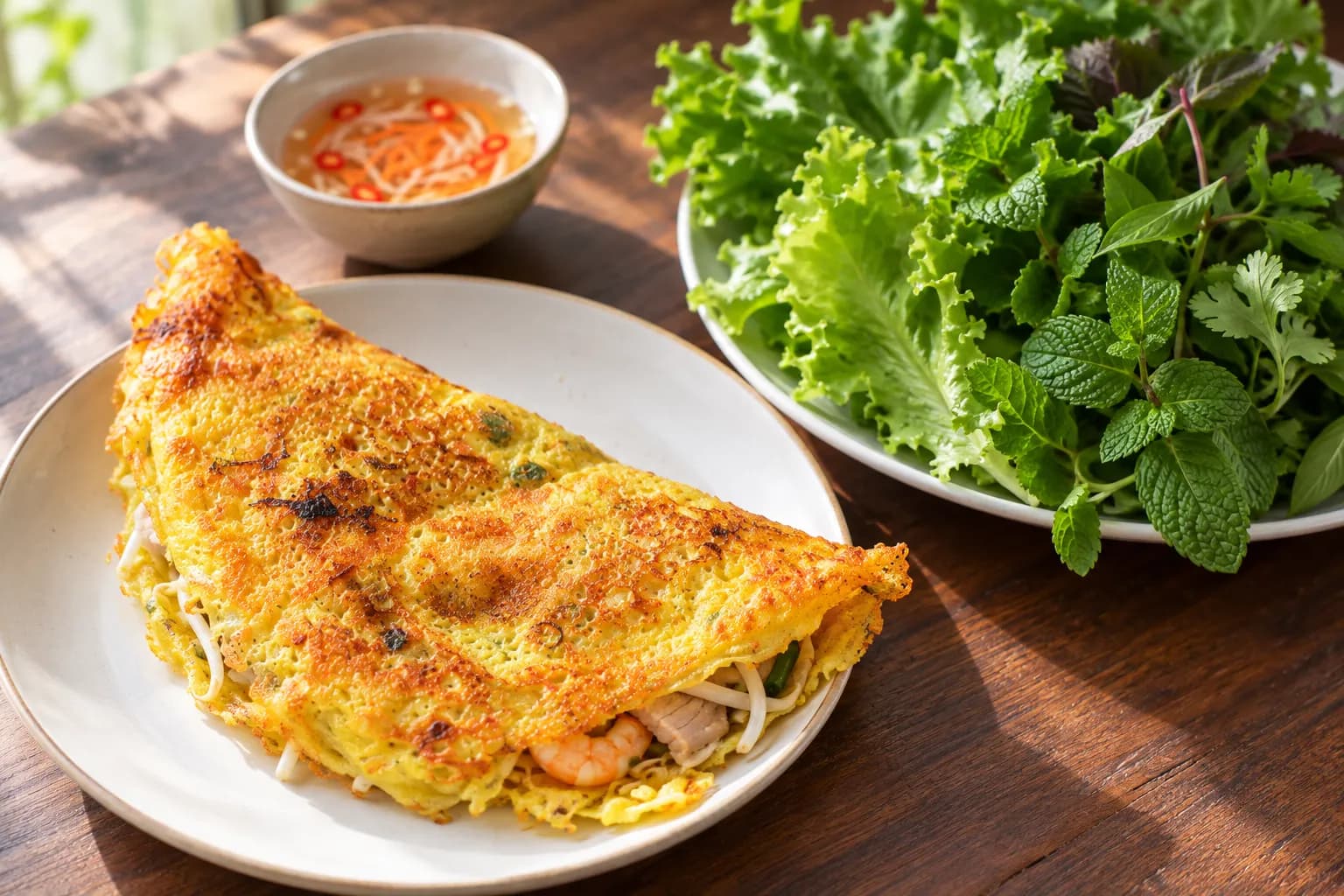 A folded bright yellow rice-flour crepe with pork, prawn and bean sprouts visible inside, beside a plate of lettuce and mixed herbs