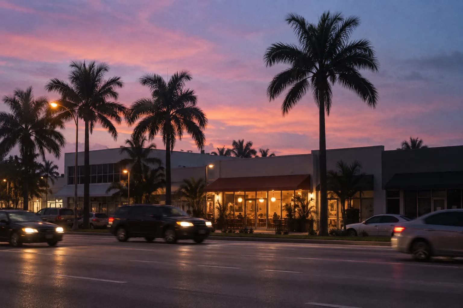 A wide Miami boulevard at dusk with one small restaurant frontage lit warm among darker units and palms against a pink and blue sky