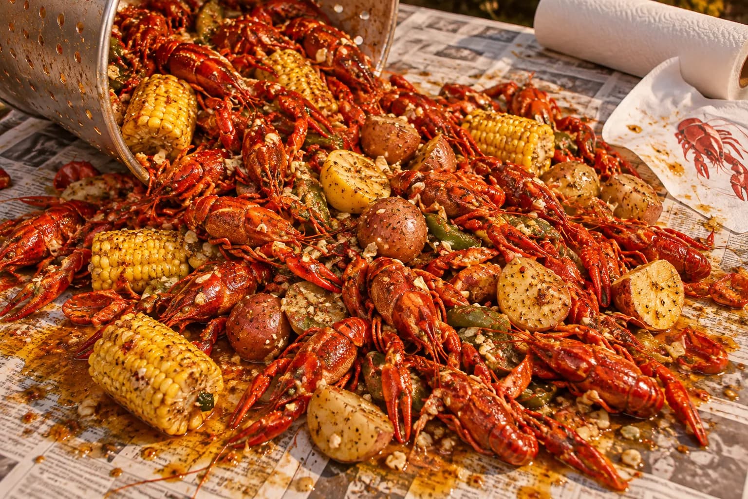 A heap of bright red boiled crawfish tipped onto a paper-covered table with corn and potatoes, glossy with orange garlic butter and chilli
