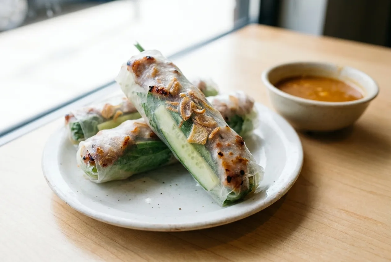 Vietnamese spring rolls with grilled pork, fresh herbs, and crispy wrapper on a white plate beside peanut dipping sauce.