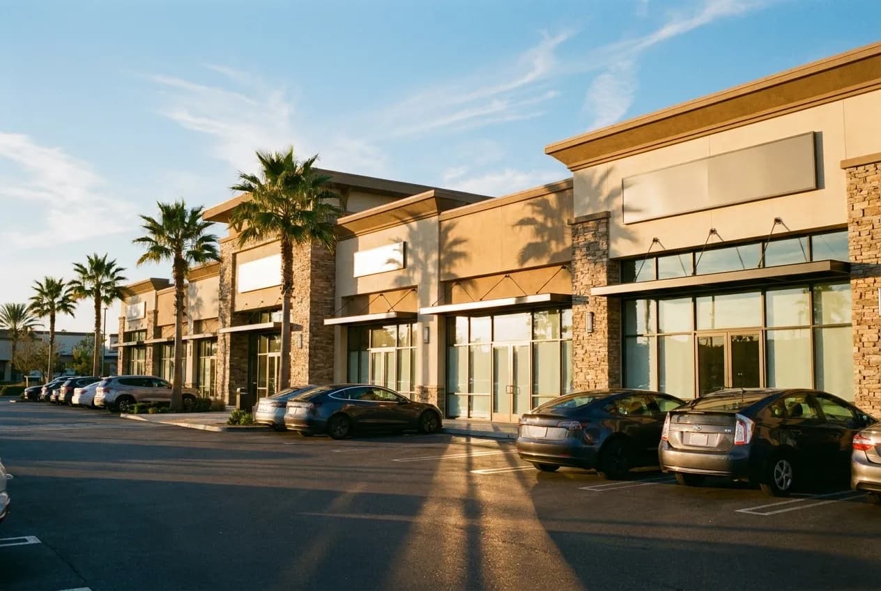 Exterior view of a modern shopping mall in Long Beach with palm trees and parking lot at sunset.
