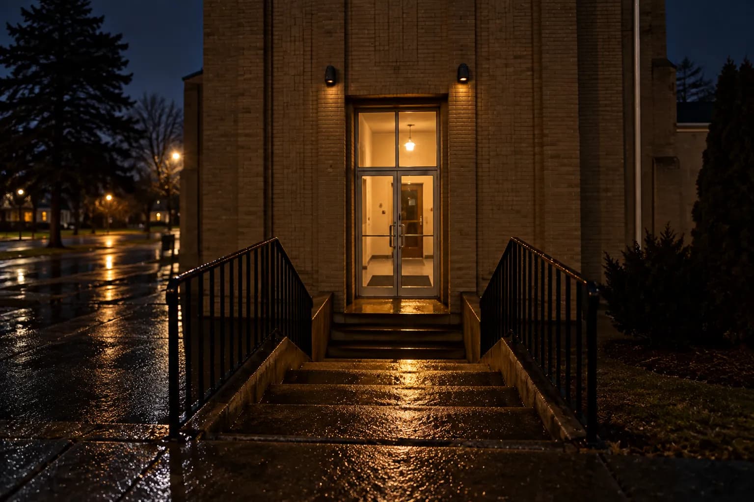 A short flight of iron-railed steps dropping to a below-street doorway at night, warm light spilling up onto wet steps