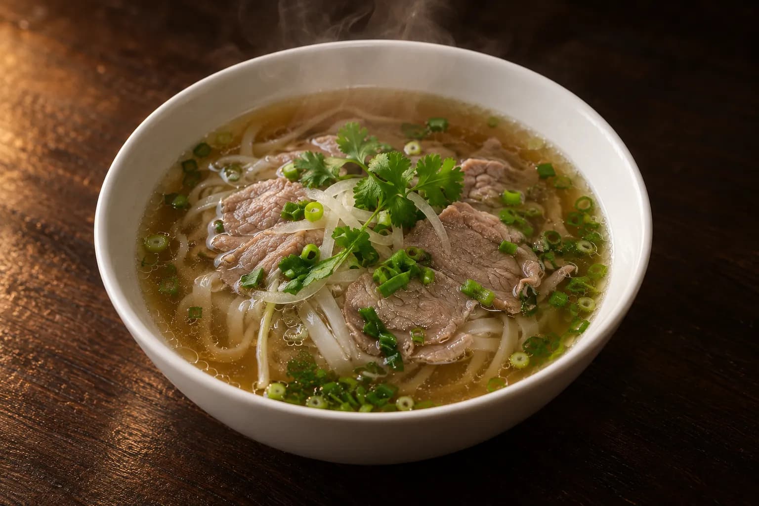 A white bowl of very clear amber beef broth with flat rice noodles and thin beef slices, topped only with spring onion and coriander