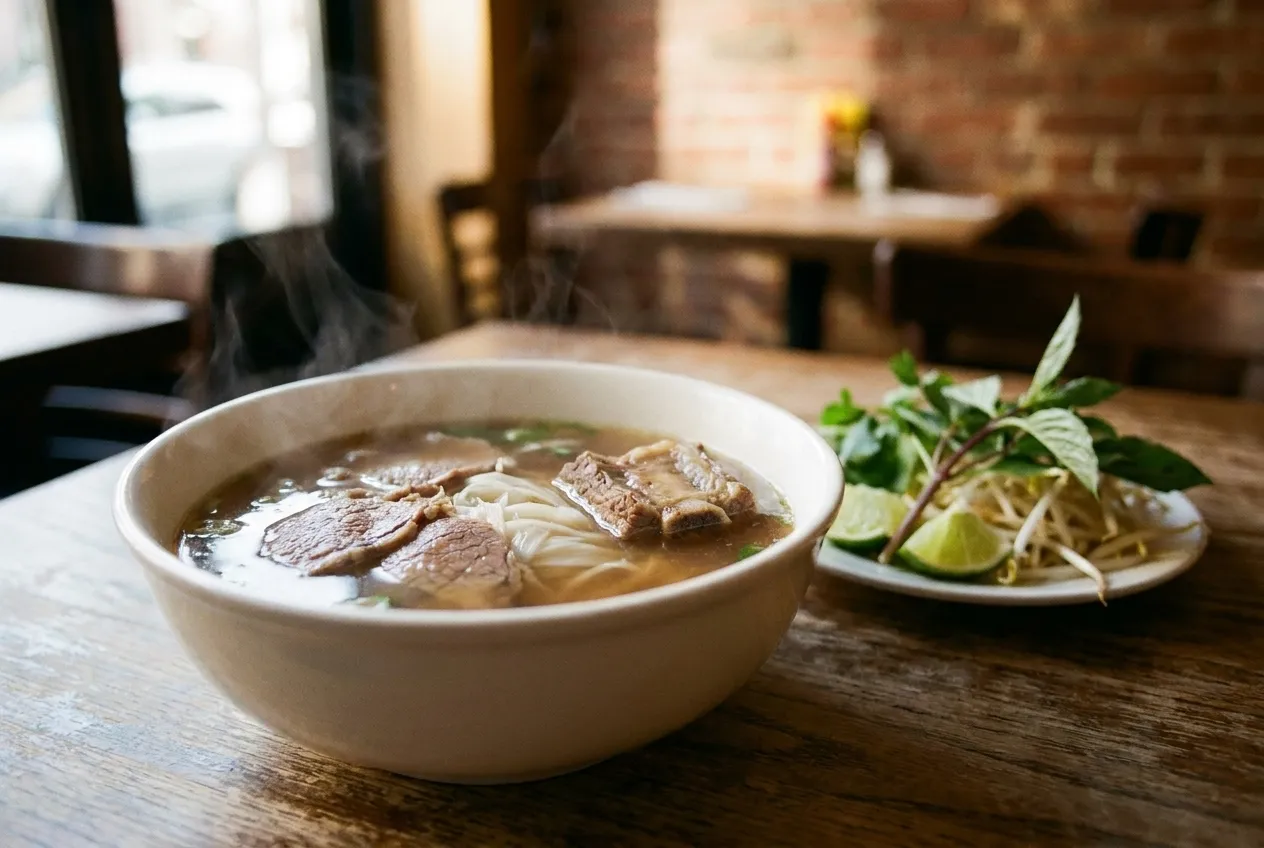 A bowl of Vietnamese pho with brisket, short rib, herbs, and lime on a restaurant table.