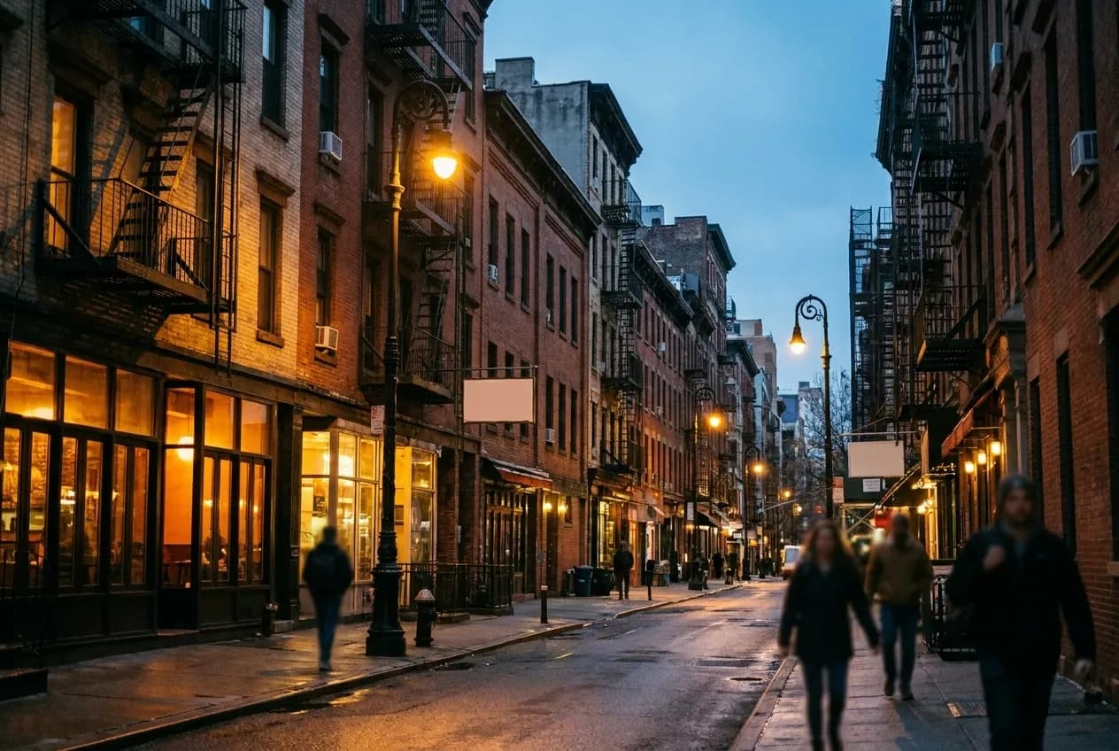 An East Village street at dusk with brick buildings, warm restaurant light, and pedestrians on the sidewalk.