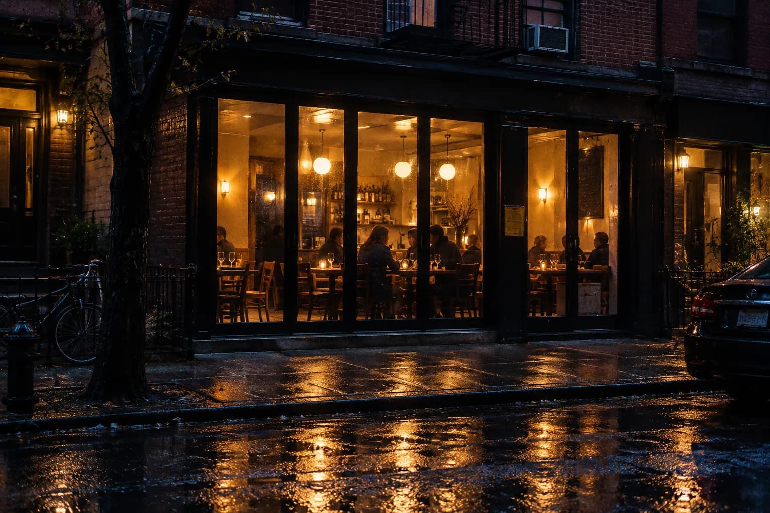 A small restaurant window glowing warm across a narrow Manhattan street at night, silhouettes of diners through the glass on wet pavement
