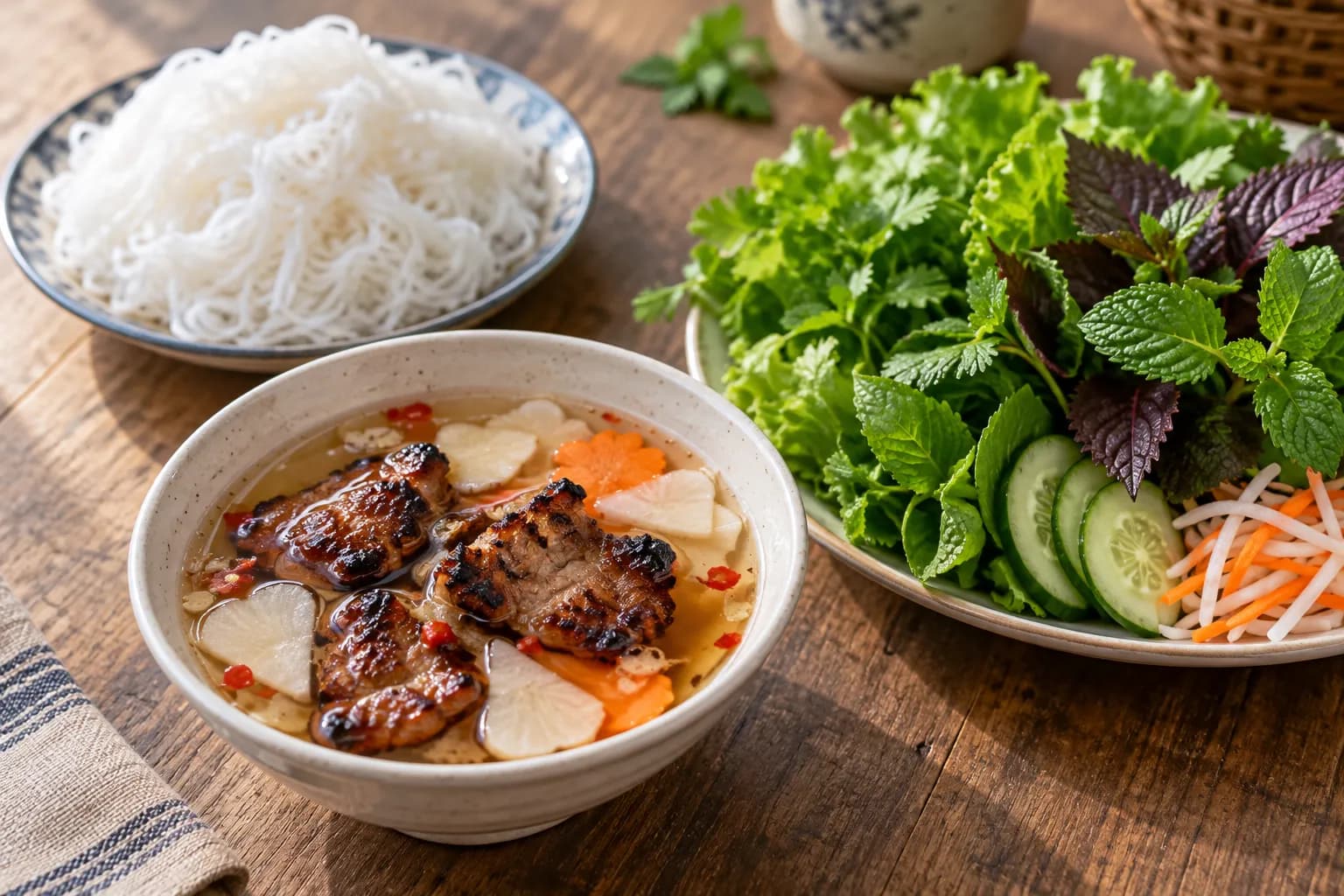 A table set with a bowl of pale broth holding charred pork and pickles, a plate of white rice noodles and a heaped plate of fresh herbs