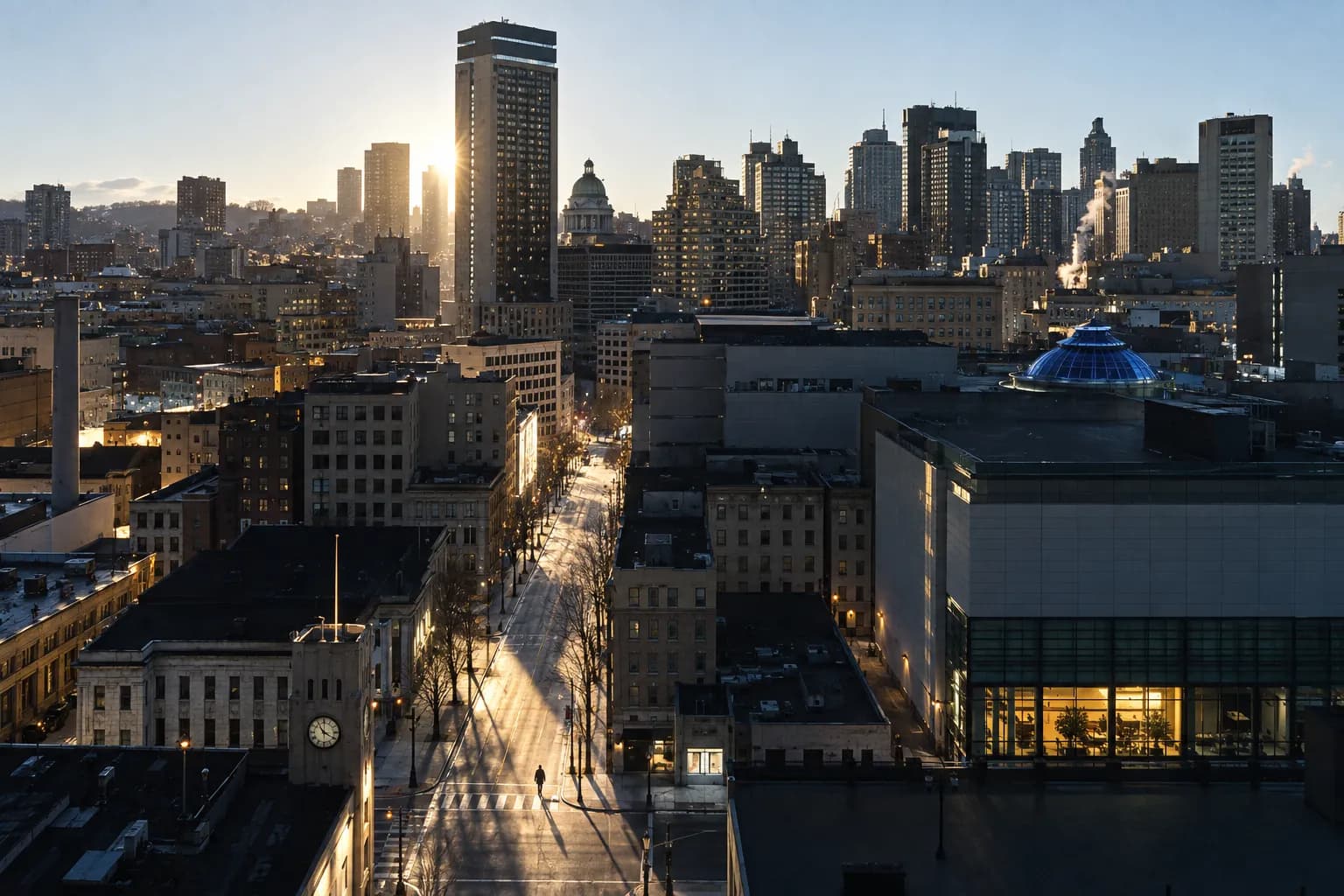 A downtown street on a quiet weekend morning with long shadows between tall buildings, one lit ground-floor frontage and a distant figure