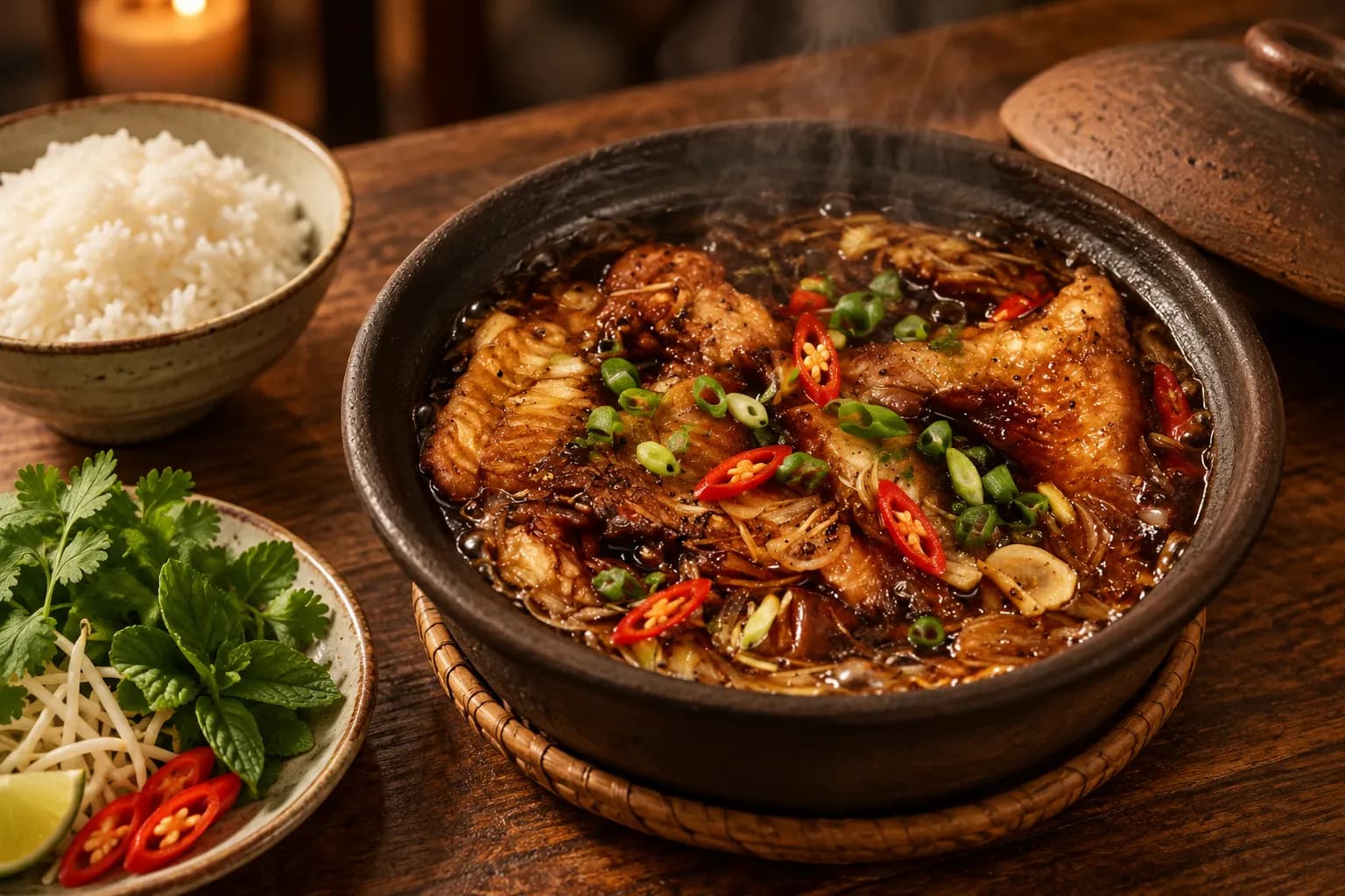 A small clay pot with its lid set aside holding a dark glossy caramelised braise topped with chilli and spring onion, rice and herbs beside