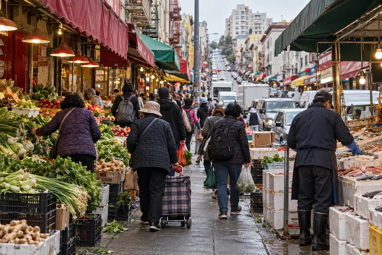 A crowded Chinatown market street mid-morning with crates of vegetables and boxes of fish on the pavement, shoppers seen from behind