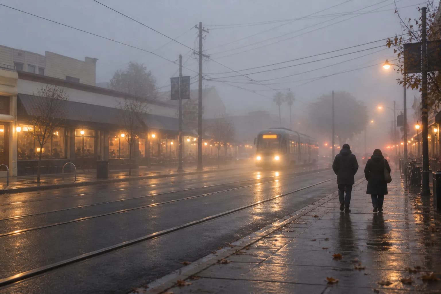 A flat neighbourhood high street in heavy fog, shopfront lights diffused into halos, tram wires overhead and two coated figures walking away