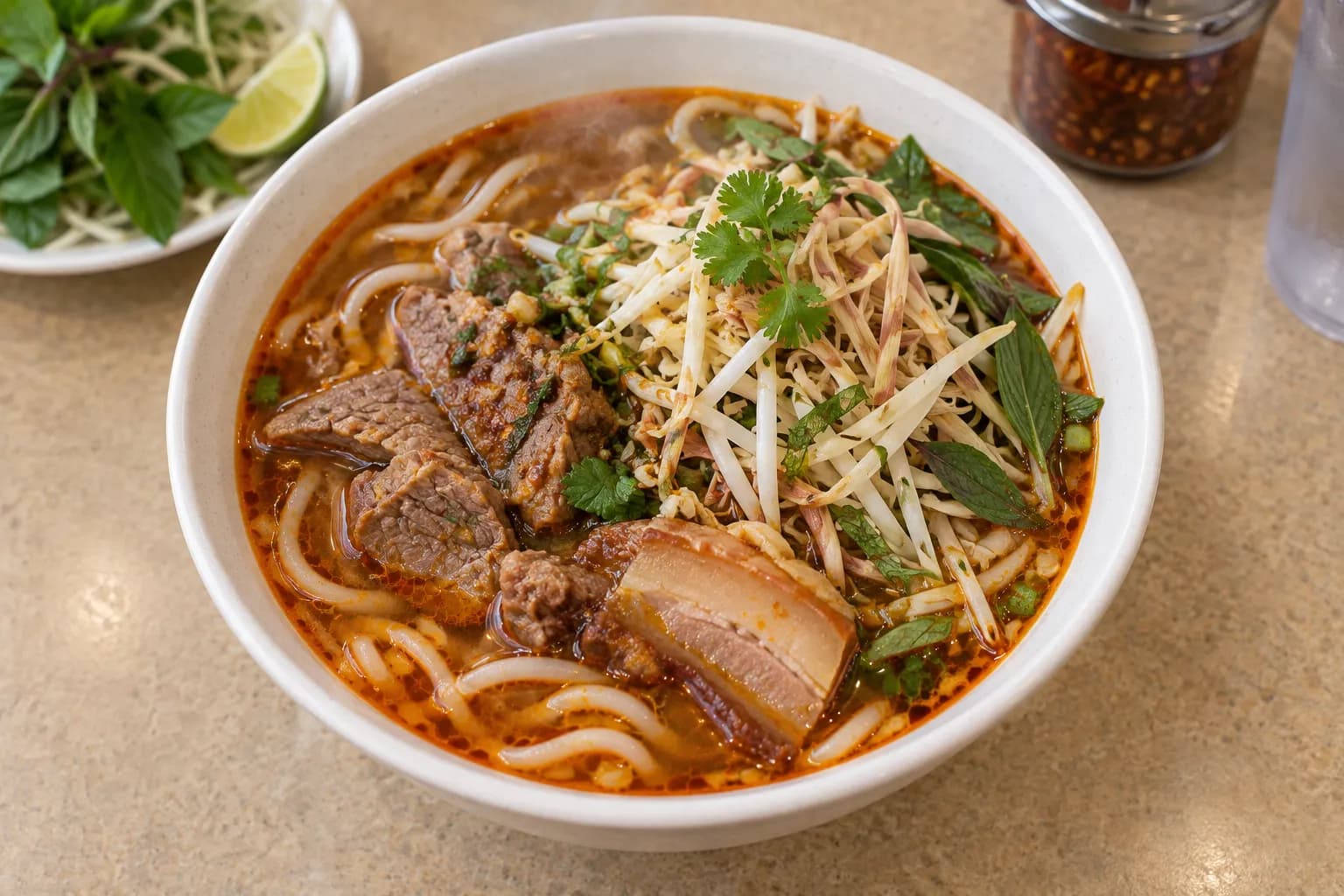A large bowl of deep orange-red noodle soup with thick round noodles, beef slices and heaped shredded herbs, steam rising on a laminate table