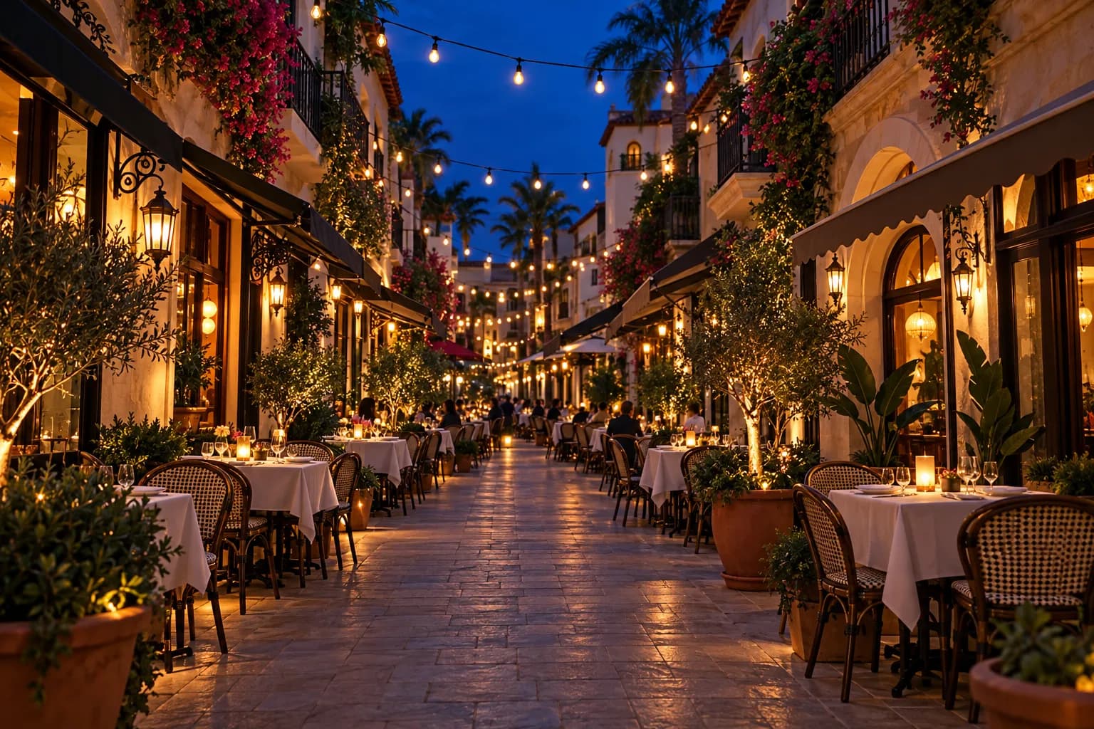 A pedestrianised restaurant street at dusk with string lights overhead, outdoor tables and low buildings on both sides