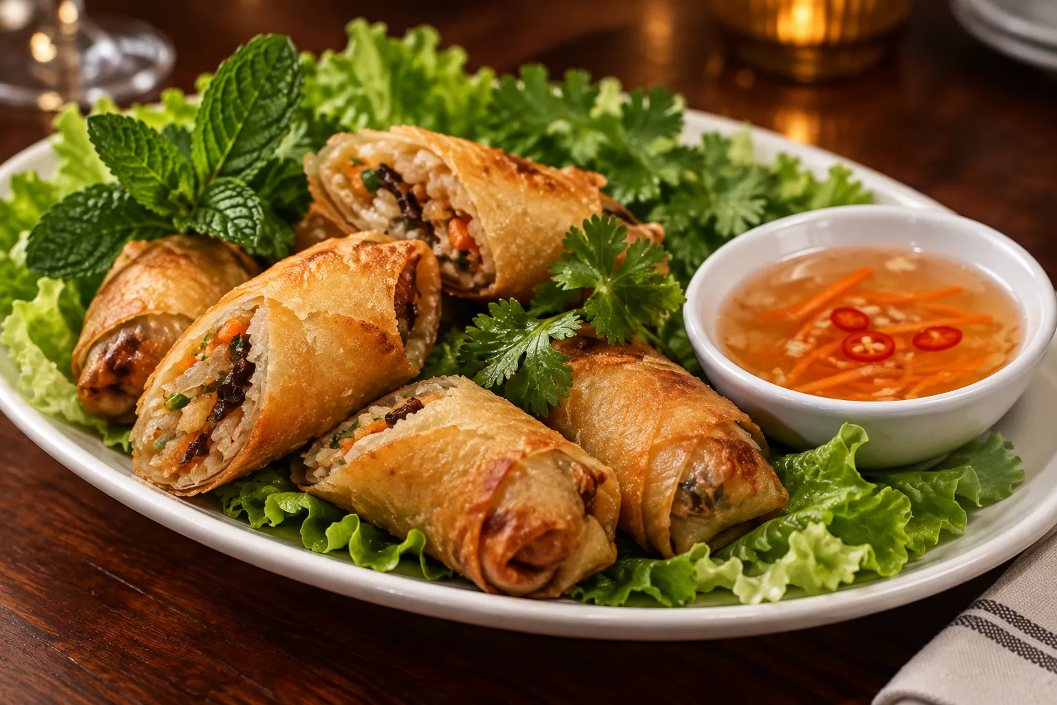 A plate of Vietnamese crispy spring rolls with lettuce, herbs and a small bowl of dipping sauce