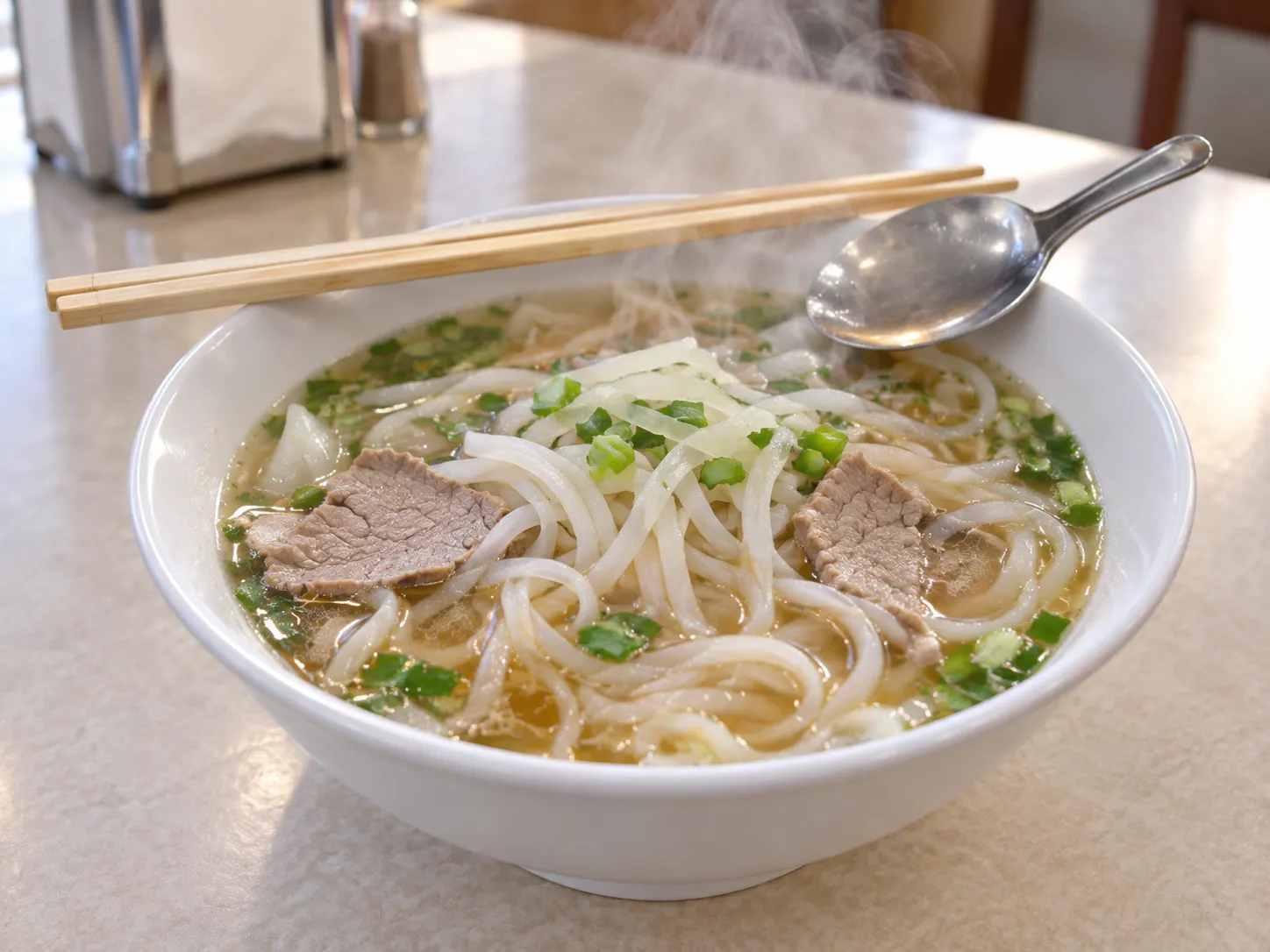 A bowl of pho with a spoon and chopsticks resting across it on a plain table, steam rising in flat daylight